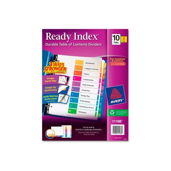 Avery Dennison Avery Ready Index T.O.C. Reference Divider, 1 to 10, 8.5"x11", 10 Tabs, 6 Sets, White/Multi 11188 - main